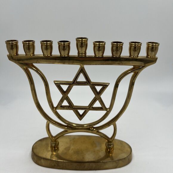 Hanukkah Menorah Jewish Judaica Israel Vintage Brass Chanukah Candle Holder - Picture 3 of 8